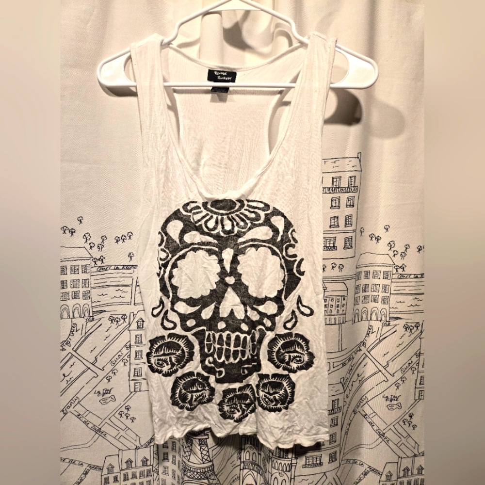 EUC Women's Teenage Runaway Sugar Skull Glitter Graphic Print Tank Top Size L